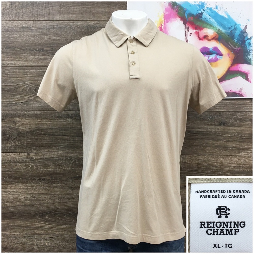 Reigning Champ Mens XL Tan Beige Cotton Short Sleeve Polo Shirt Made in Canada